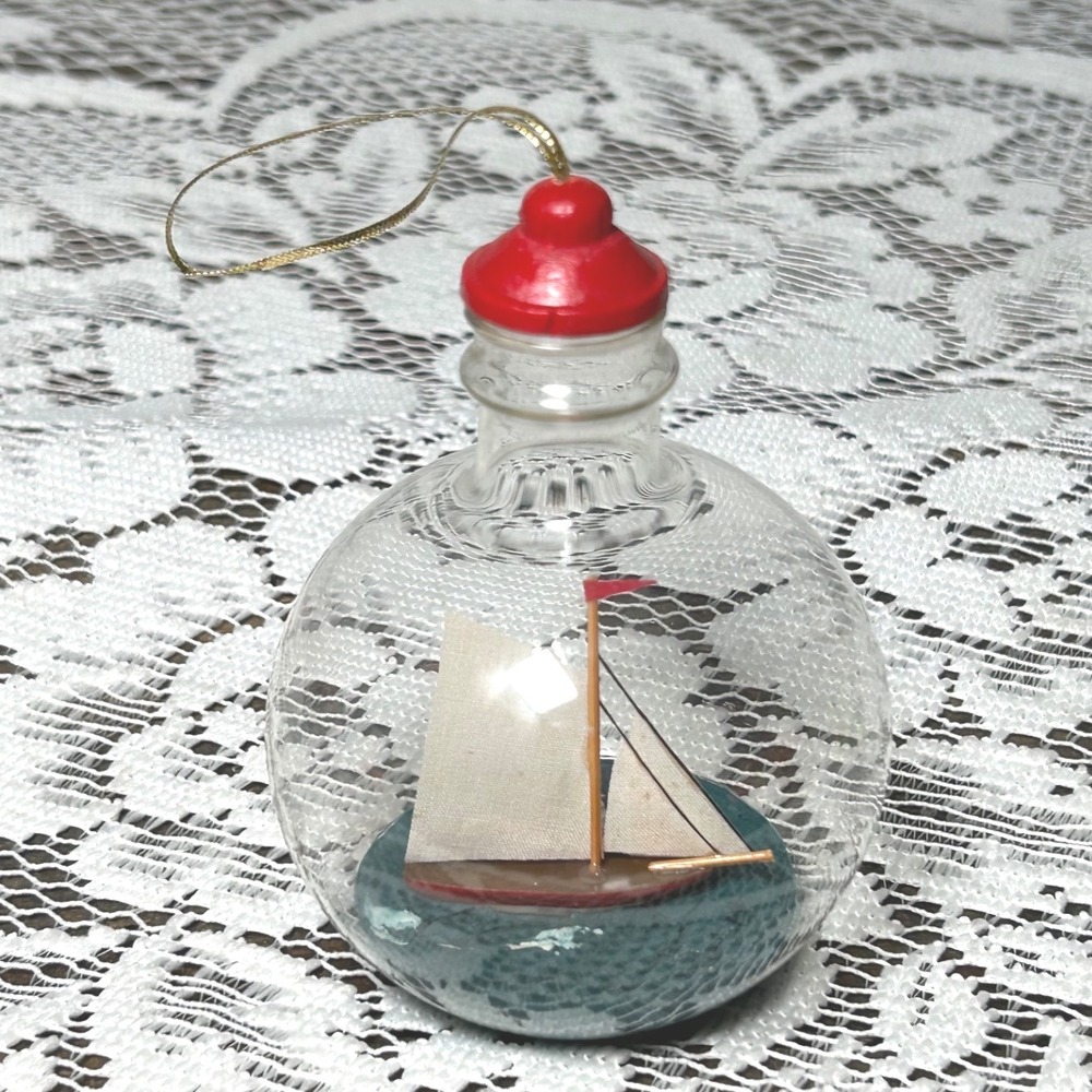 Glass Bottle Ornament Nautical Sailboat Red Blue Water Holiday Decor Hand Blown